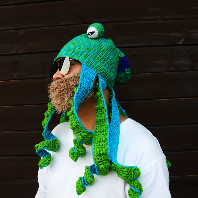 New Octopus Beard Knit Wool Hat Hand Weave Men Christmas Cosplay Party Funny Tricky Headgear Winter Warm Couples Beanie Caps