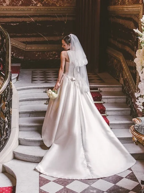 Optcely elegante barco pescoço três quartos botão a linha salão vestido de casamento 2019 laço cetim frisado varredura trem vestido