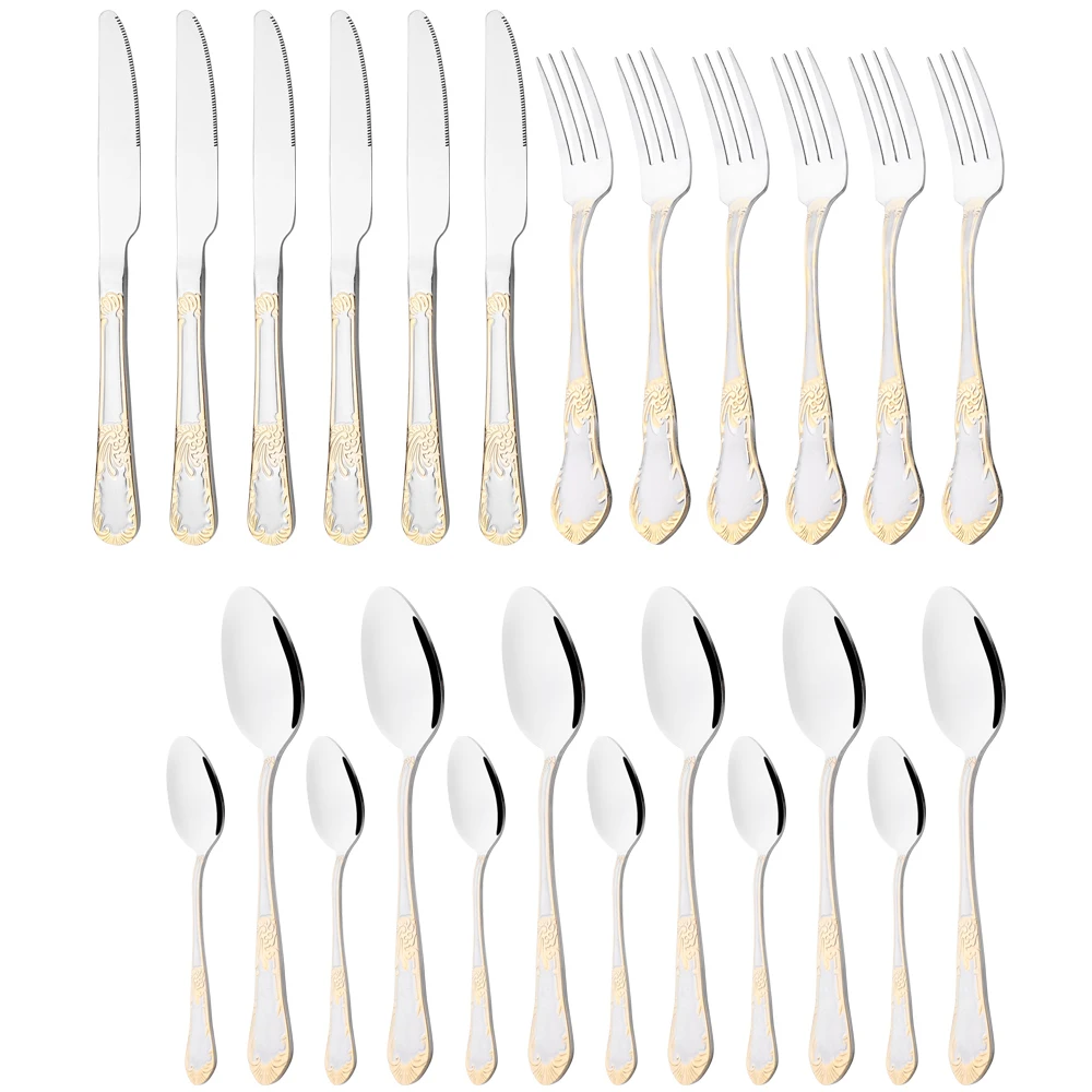 6People Vintage Gold Cutlery Set 18/10 Stainless Steel Tableware Set Knife Fork Tea Spoon Dinnerware Silverware Kitchen Flatware