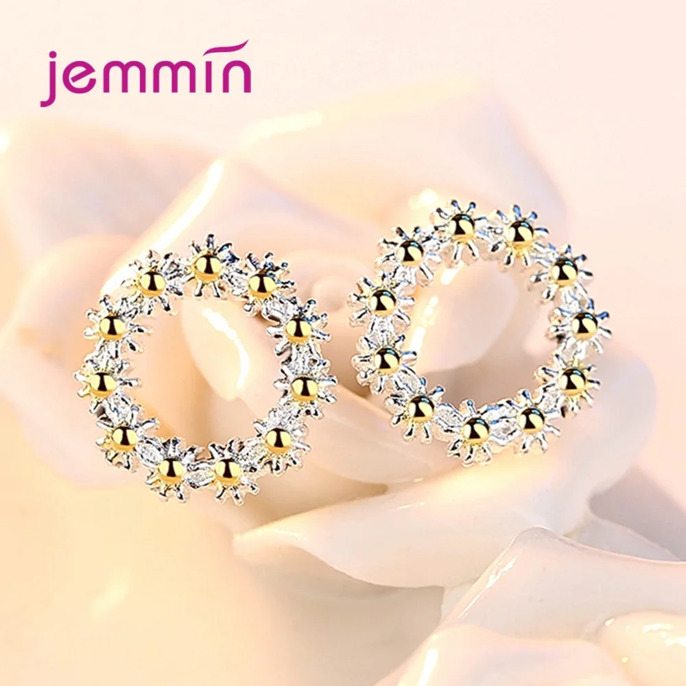 Authentic 100% 925 Silver  Generous Sunflower Female Festival Stud Earrings Round Circle Loop Wreath Women's Fashion