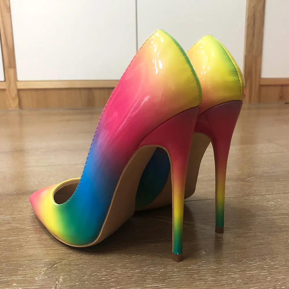 Veowalk Rainbow Colorful Patent Leather Women Sexy Stiletto Extemely High Heels, Ladies Fashion Pointed Toe Pumps Party Shoes