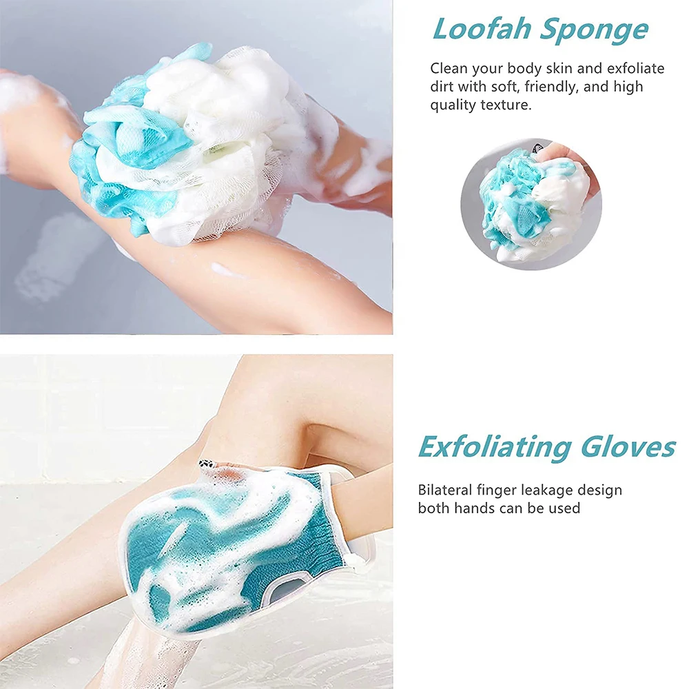 3Pcs Bath Sponge Set Exfoliating Back Scrub Gloves Body Cleansing Massage Shower Gel Scrub Towel Shower Ball