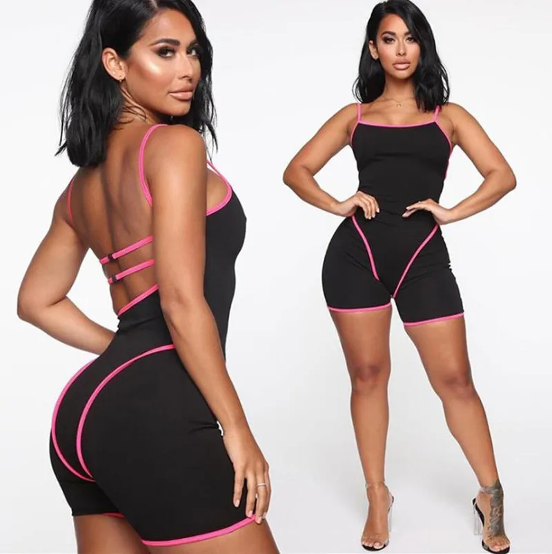 BKLD kobiety Patchwork Spaghetti pasek rompery i kombinezony 2019 lato Clubwear Sexy Backless bez rękawów panie Bodycon pajacyki