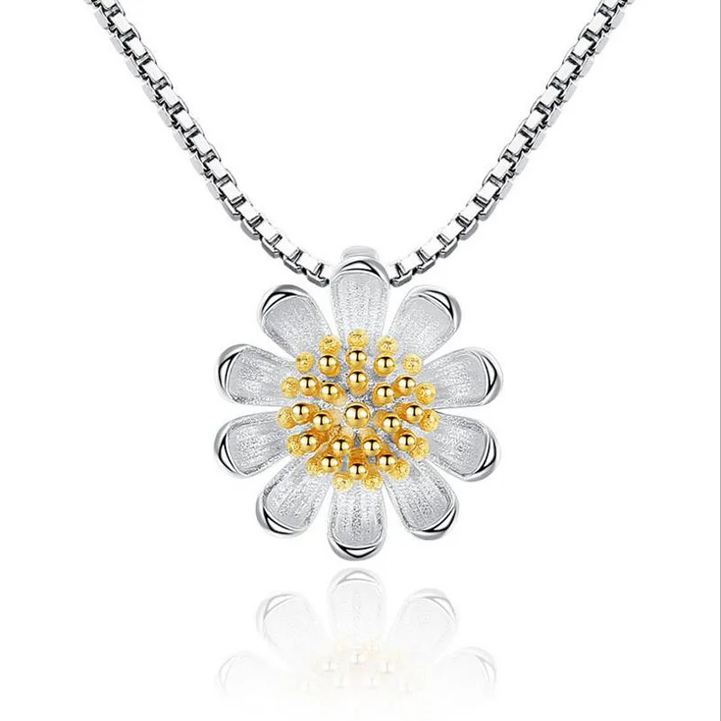 925 Sterling Silver Necklace For Women Daisy Sunflower Pendant Clavicle Necklace collares Summer Jewelry S-N205