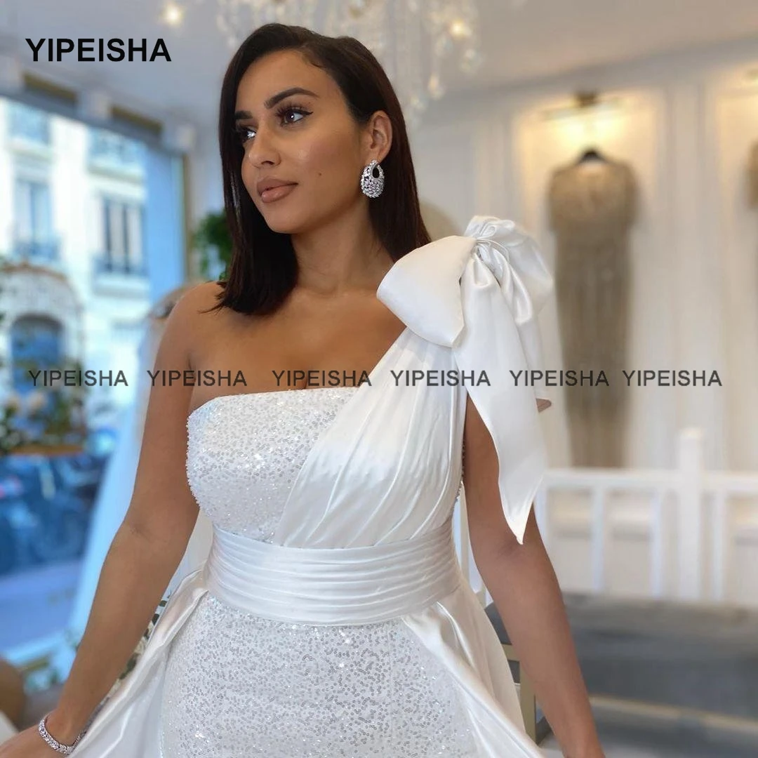 Yipeisha – robe de soirée blanche asymétrique, épaule dénudée, style sirène, en Satin, avec nœud papillon, paillettes, jupe de bal