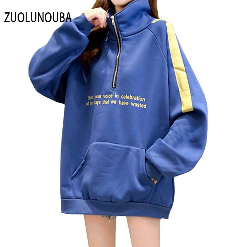 

2020 New Winter Plus Velvet Padded Stand-Up Collar Ladies Pullover Casual Loose Wild Letter Printing Mid-length Women Sweatshirt