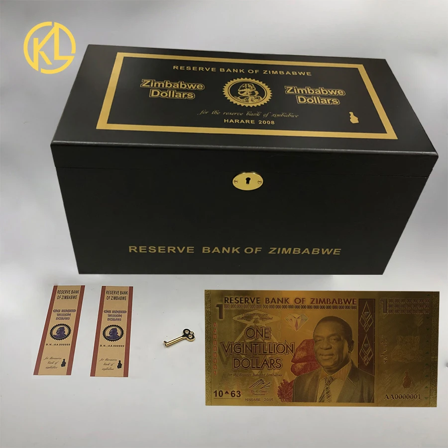 

ONE Vigintillion Dollars Zimbabwe Gold 999999 Banknote with UV Light and Box