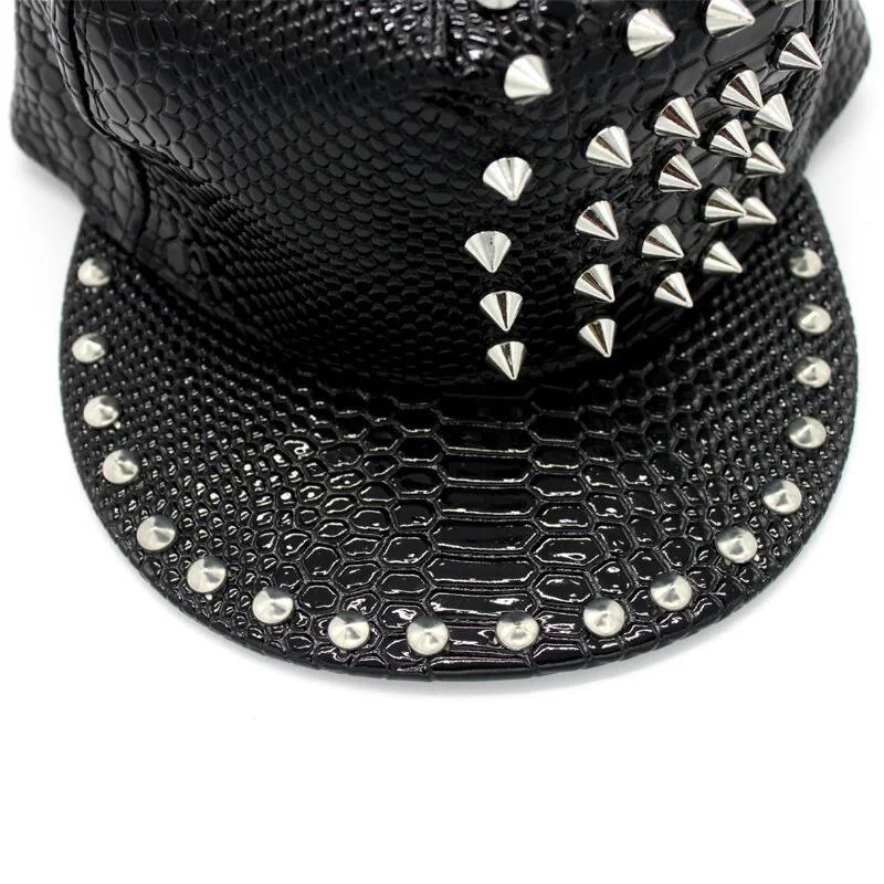 Men Women Novel Rivet Snakeskin Leather Punk SunShade Baseball Cap Sport Sunscreen Hip Hop Dance Adjustable Hat U12