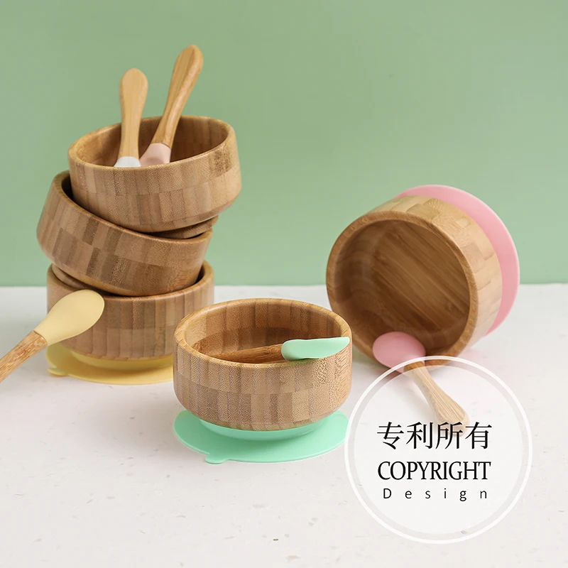 Let's Make Baby Feeding Tableware Set Natural Bamboo Bowl With Silicone Suction Cup BPA Free Spoon Anti-scalding Kids Tableware