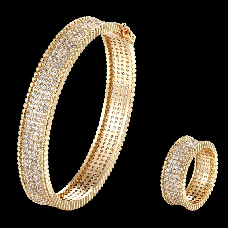 

Zlxgirl jewlery women size full cubic Zircon 2pcs Bracelets ring sets Gold Color Copper wedding Bangle Bracelet ring bijoux sets