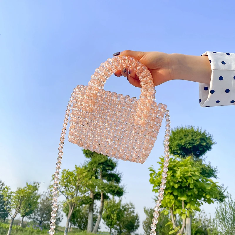 Clear Colored Crystal Beaded Shoulder bags Women New Handmade Beads Small Clutch Handbag Girls Transparent Beach Bag Holiday