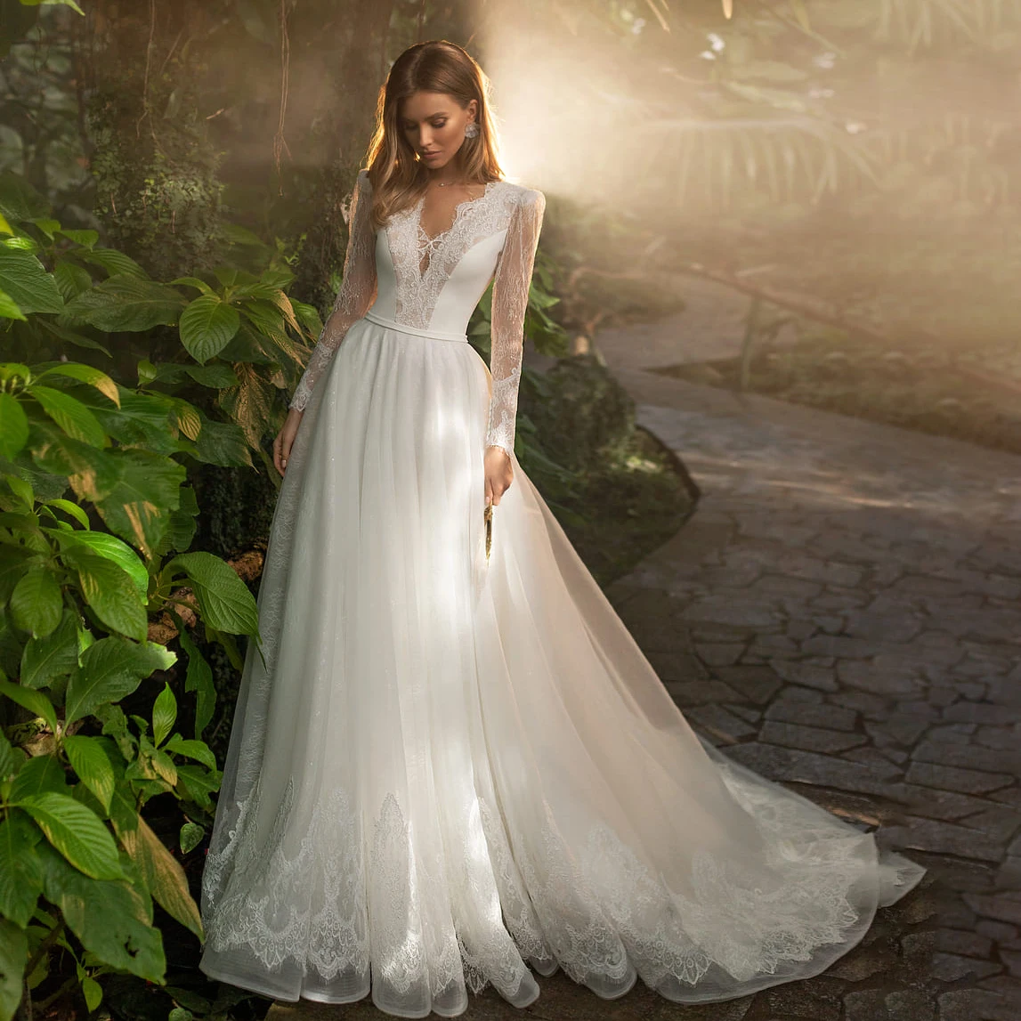 Robe de Mariée en Dentelle à Manches sulf, Col en V, sur Mesure, Grande Taille, Paillettes Rustiques de Jardin, Tulle, Dos Ouvert, Patients, Quelle que soit la Traîne