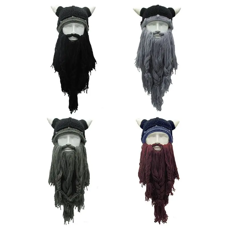 Adult Crazy Funny Halloween Cosplay Knitted Viking Beard Horn Hat Ski Mask Barbarian Vagabond Vintage Beanie Cap Winter Warmer