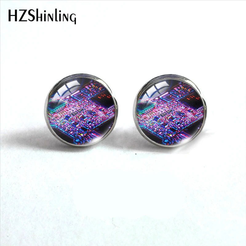 2020 New Computer Circuit Board Stud Earring Cute Earrings Hand made Glass Cabochon Art Photo Jewelry