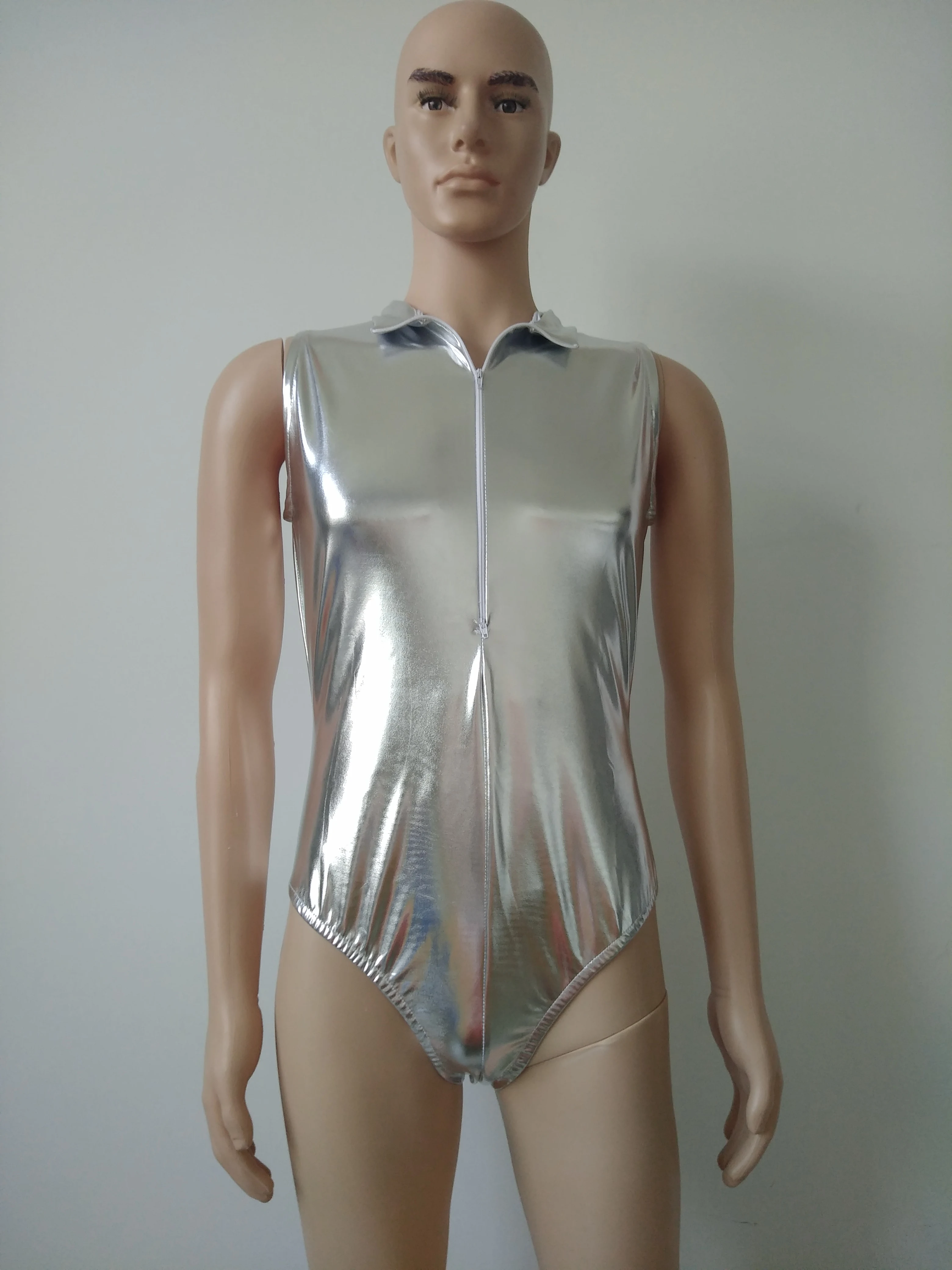 Men's Two dimensions Cute sister open chest double zipper swimsuit half bodysuit Catsuit Costumes shiny Metallic zentai spandex