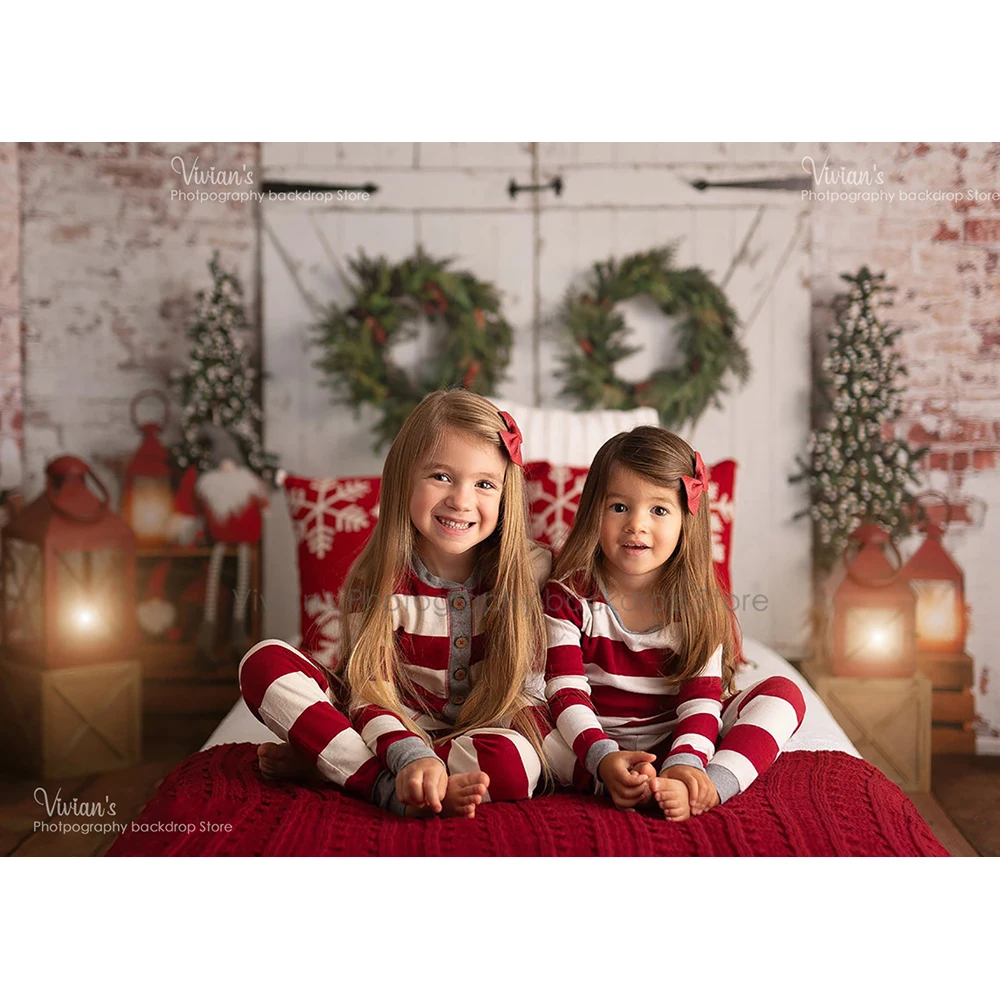 Christmas White Wood Door Background Toy Santa Kids Photography Family Child Portrait Photostudio Wreath Girl Backdrop Banner