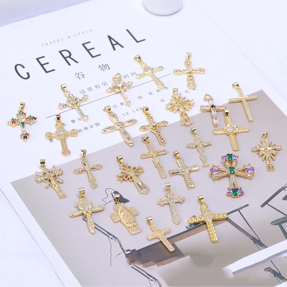 Juya Handmade Cubic Zirconia 18K Gold Plated Christian Cross Charms For DIY Religious Rosary Pendant Jewerly Making