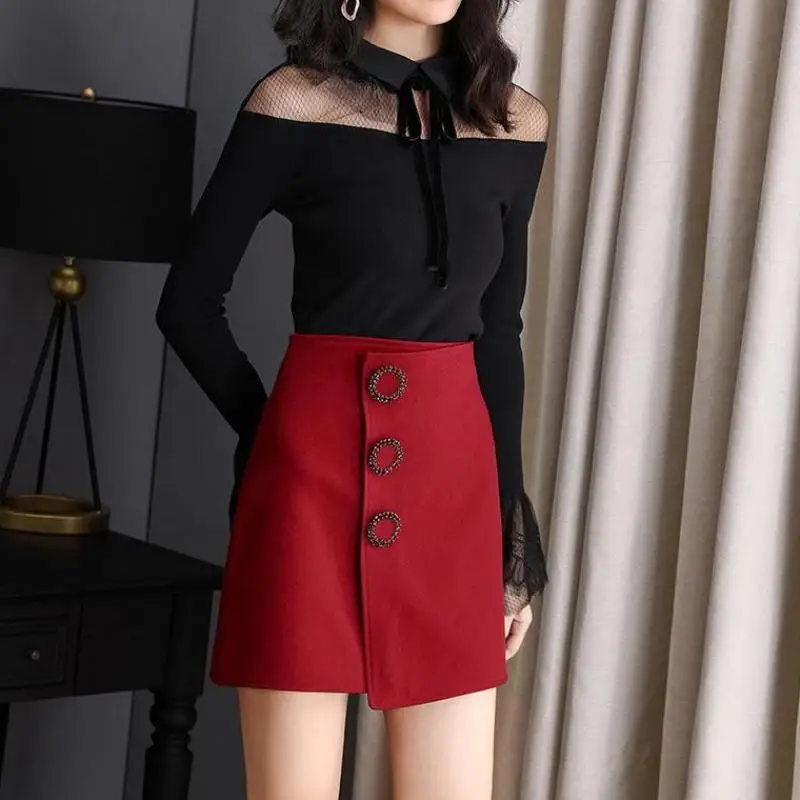 Autumn and Winter High-End Ddiamante Buckle Woolen A- line Skirt High Waist Women Woman Skirts Faldas Jupe