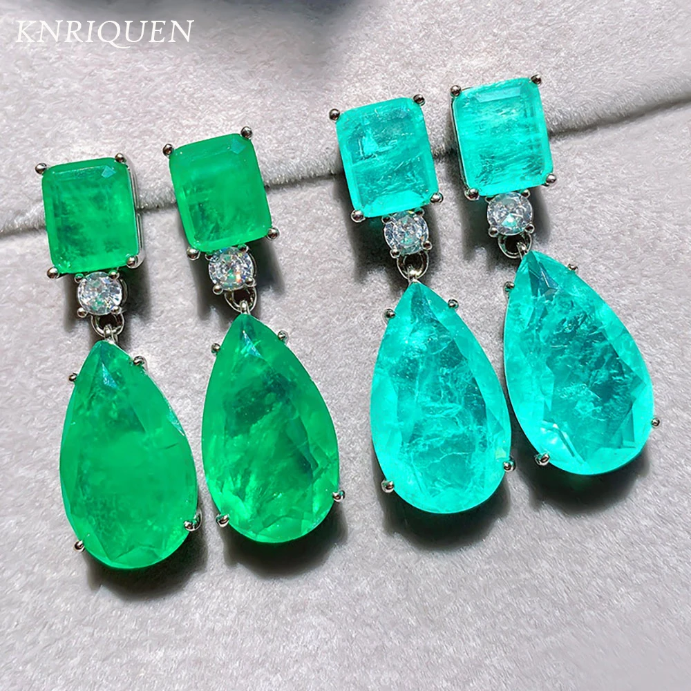 Trend Paraiba Tourmaline Emerald Gemstone Big Drop Kolczyki dla kobiet Impreza koktajlowa Drobna biżuteria Rocznica Prezent dla kobiety
