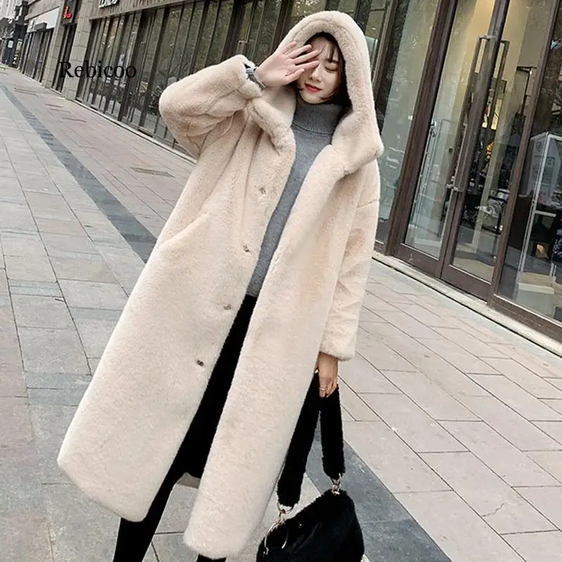 

Hot Autumn Winter Faux Fur Coat Women Hooded Thickening Warm Long Faux Fur Coat Women's Overcoat Clothes