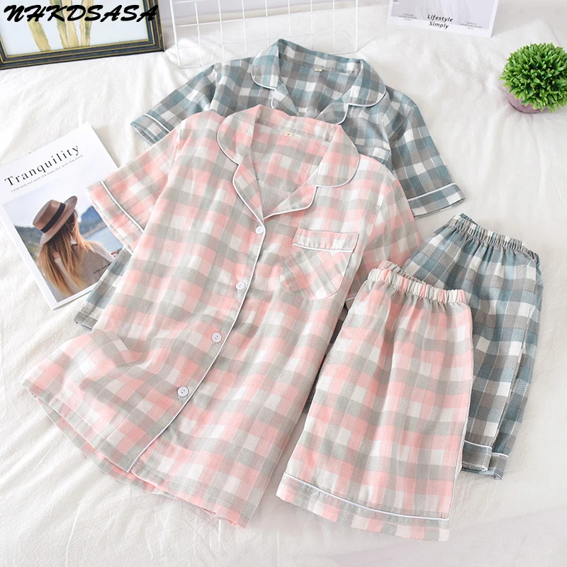 Japanese Simple Short Pyjamas Women 100% Cotton Short Sleeves Men Pajama Sets Shorts Cute Cartoon Sleepwear Women Homewear