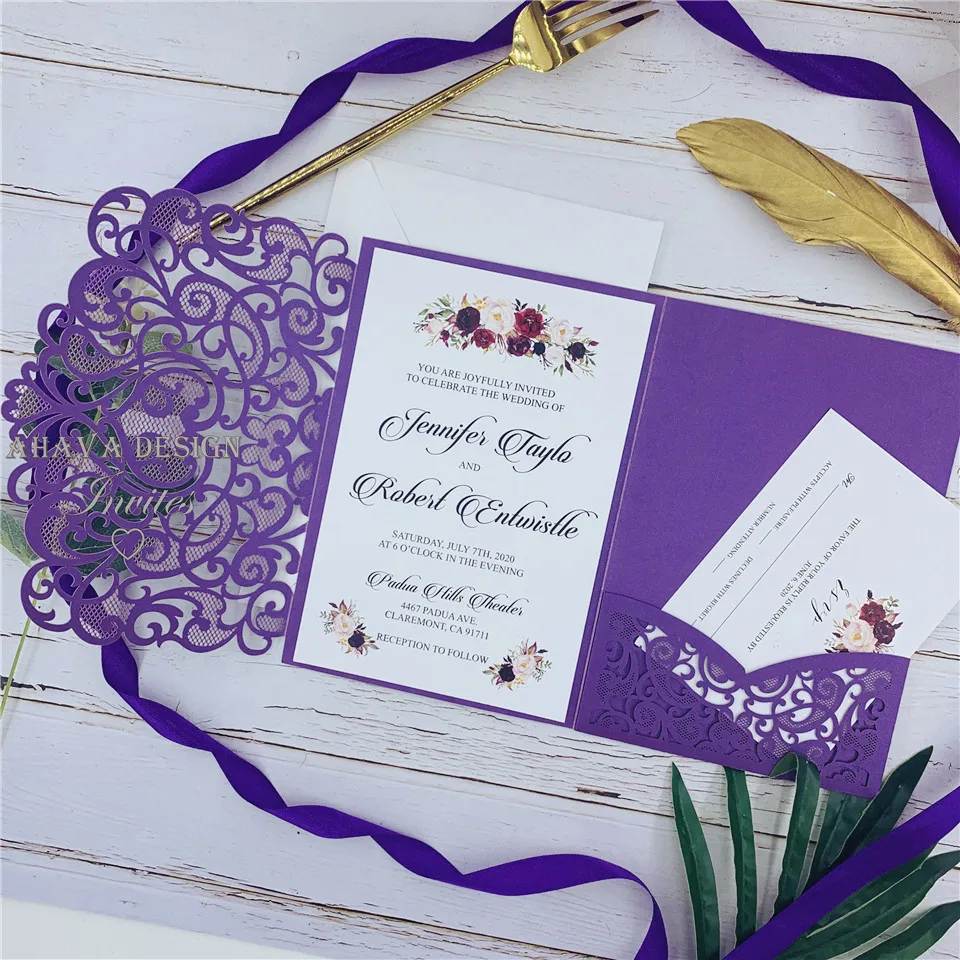 Purple Laser Cut Wedding Invitation With Customized RSVP Card