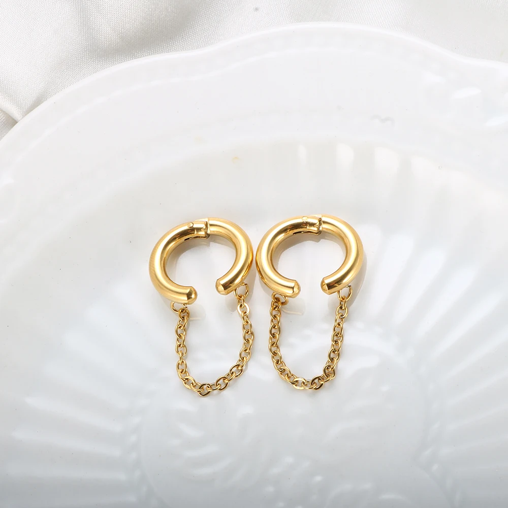 2PC /Set Stainless Steel Small Hoop Earrings for Women Golden Circle Thick Ear Ring Piercing Tassel With Chain Earrings Jewelry
