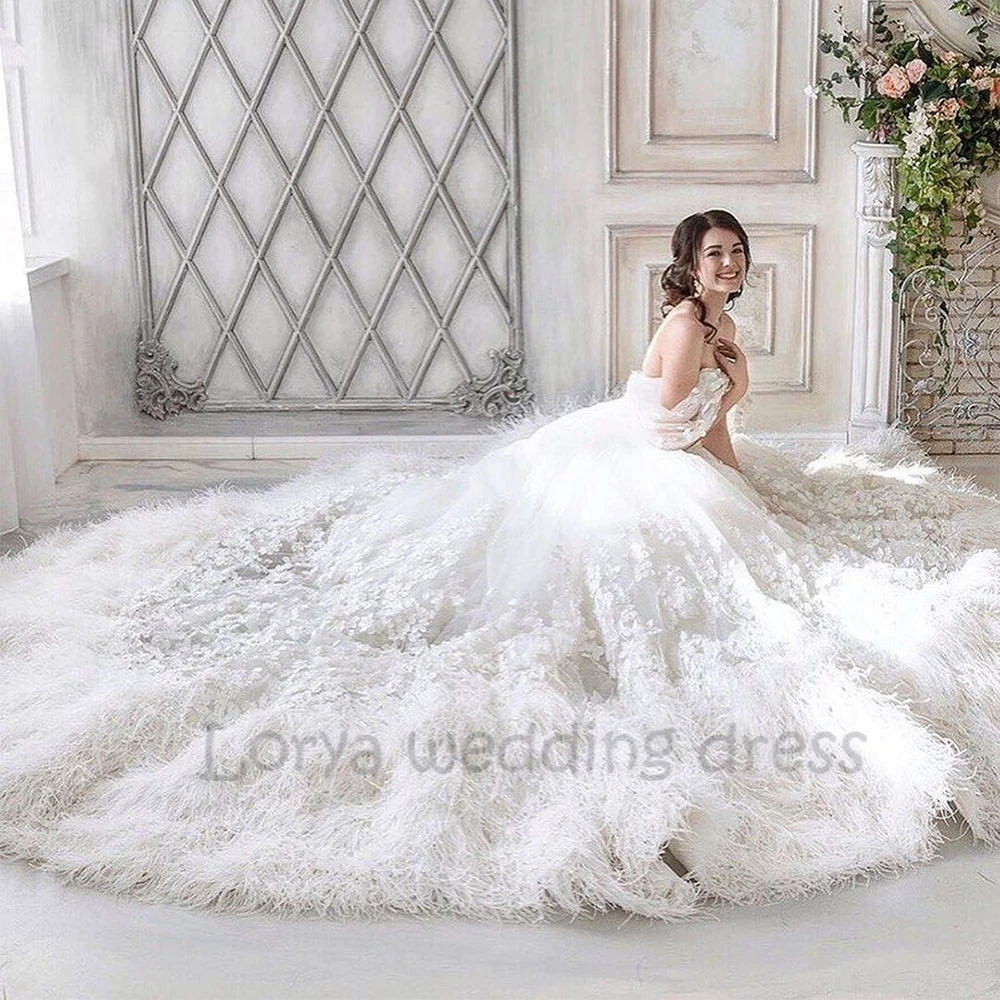 

Luxury Feathers Ball Gowns Off Shoulder A Line Wedding Dress Vestido De Noiva Lace Appliques Backless Bridal Gown Robe de mariée