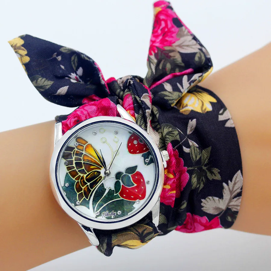 Shsby reloj de pulsera de tela de flores para mujer, reloj de vestir de moda, reloj de tela de alta calidad, reloj de pulsera para niñas dulces, marca única