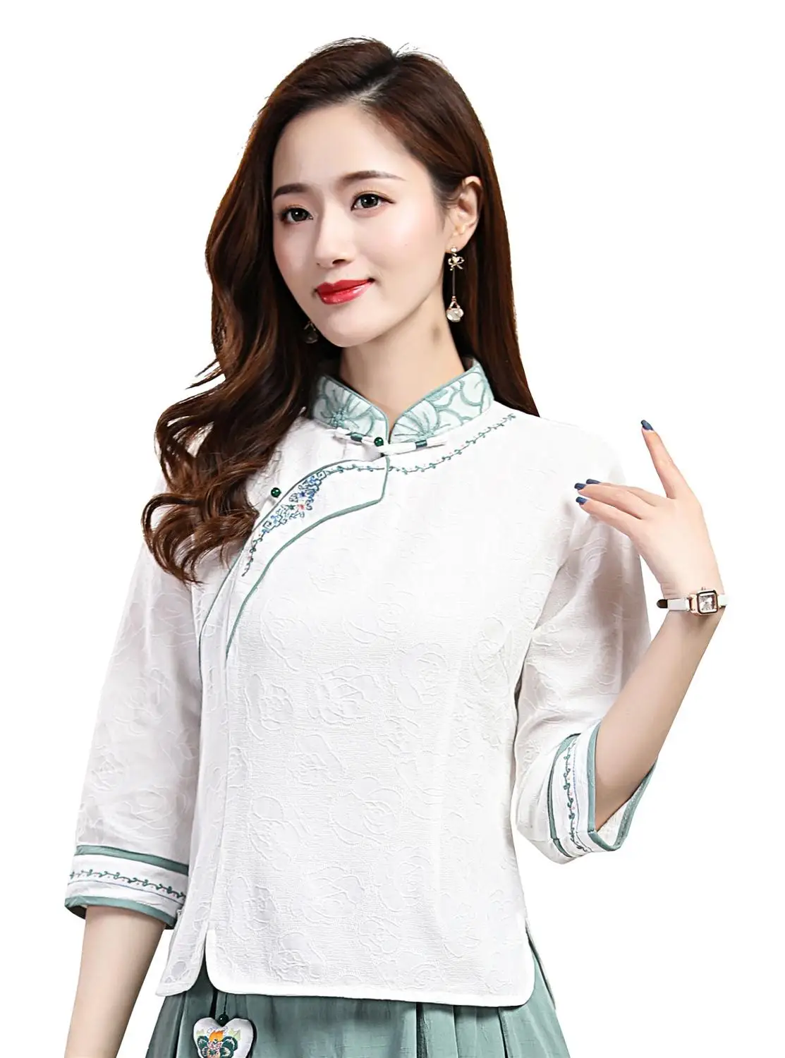 

Shanghai Story 3/4 Sleeve chinese Traditional Clothing Women's Chinese Top Blend Linen Blouse Chinese Shirt For Women