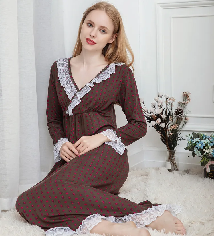 

Spring And Autumn Winter Long Sleeve Cotton Model Korean Version Princess Nightdress With Breast Pad Lounge Intimate Lingerie