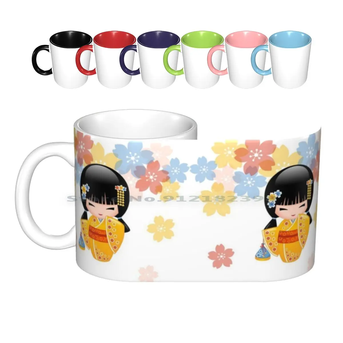 Japanese Summer Kokeshi Doll Ceramic Mugs Coffee Cups Milk Tea Mug Chibibikun Summer Kokeshi Doll Cute Girly Pretty Vector