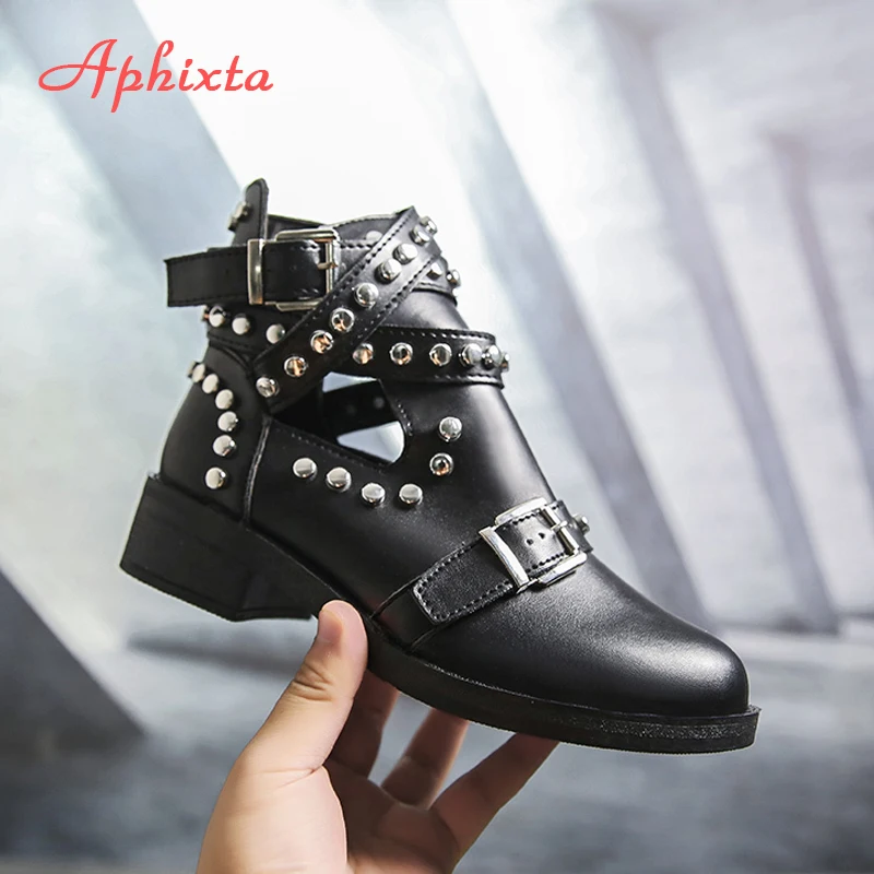 Aphixta Rivets Black Ankle Women Boots Faux Leather Booties Metal Buckle Straps Square Heel Studded Woman Boots Motorcycle Shoes