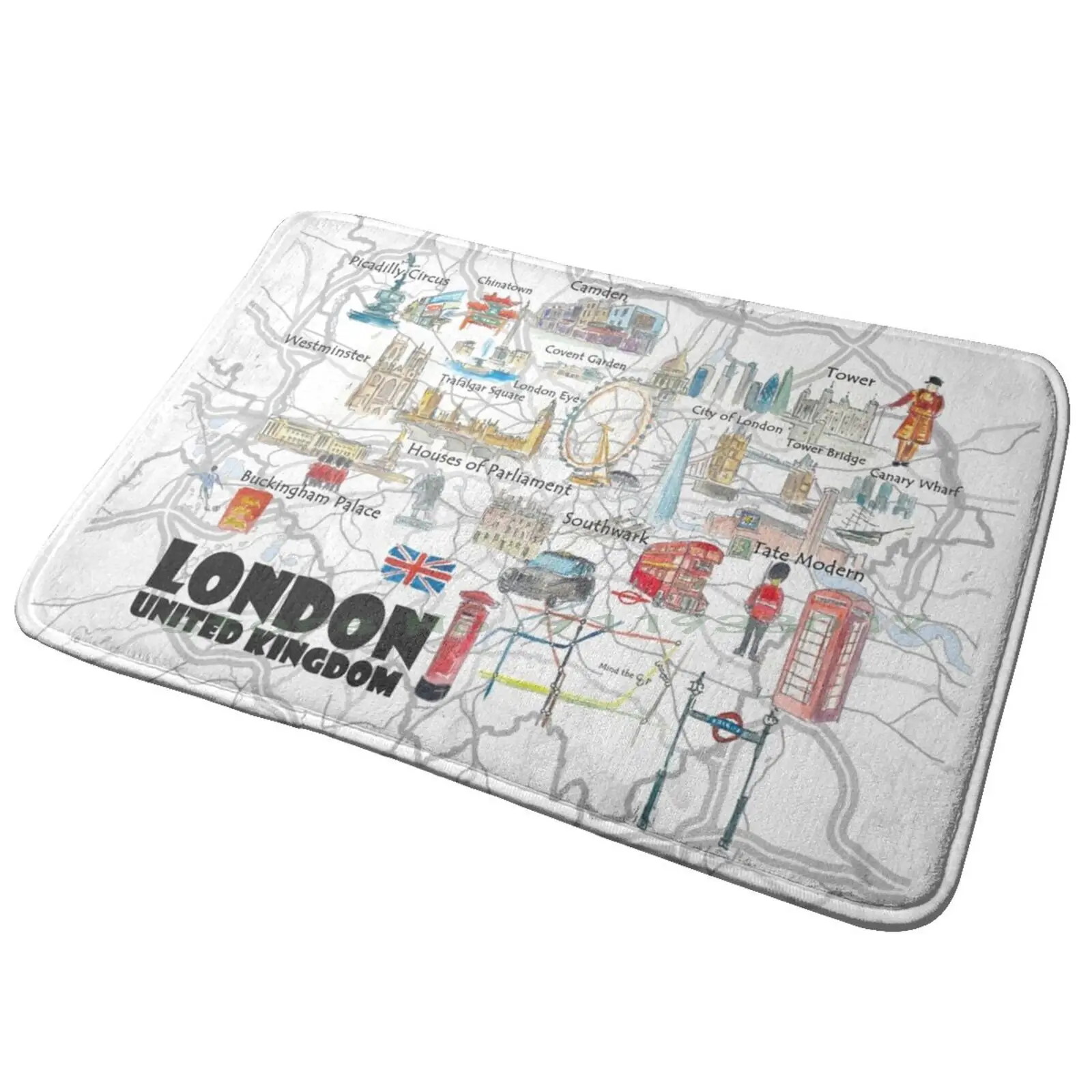 London Uk Illustrated Travel Poster Favorites Map Tourist Highlights Entrance Door Mat Bath Mat Rug Alfa Tauri Scuderia Alpha