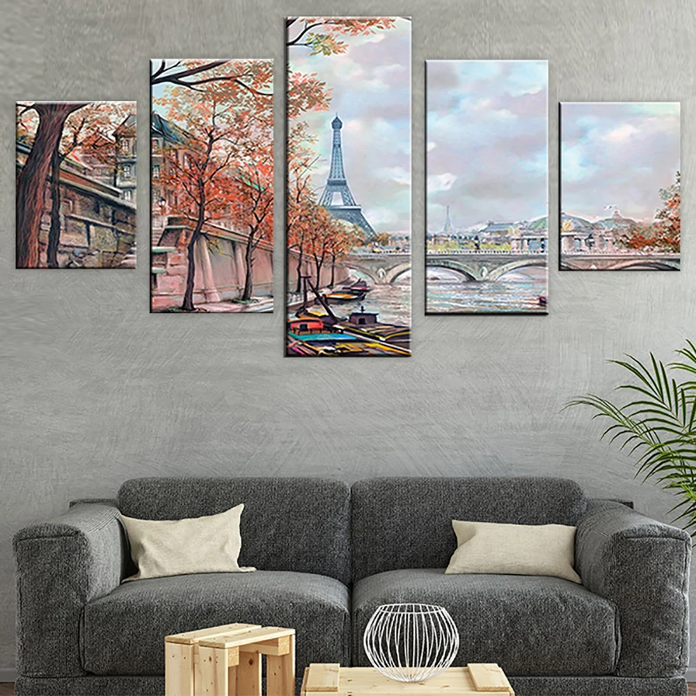 

5 Pieces Wall Art Canvas Painting City Landscape Poster Iron Tower Modern Living Room Home Decoration Pictures Framework