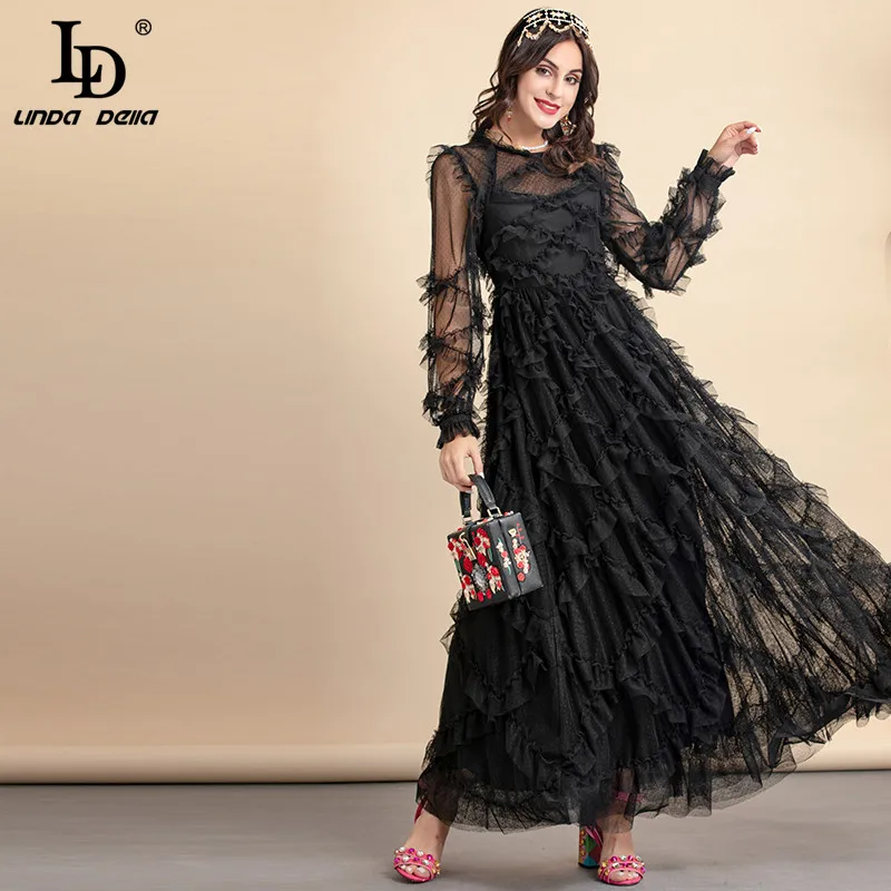 

LD LINDA DELLA Fashion Designer Autumn Long Black Dress Women's Long sleeve Cascading Ruffle Elegant Club Party Maxi Dress