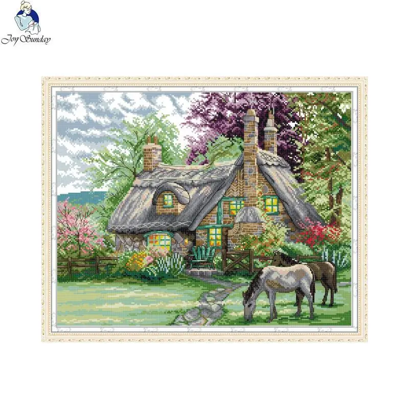 Flower Villa Cross Stitch Kit DIY Scenery Pattern 11CT 14CT Counted and Stamped Needle and Thread Embroidery Kit Home Decoration