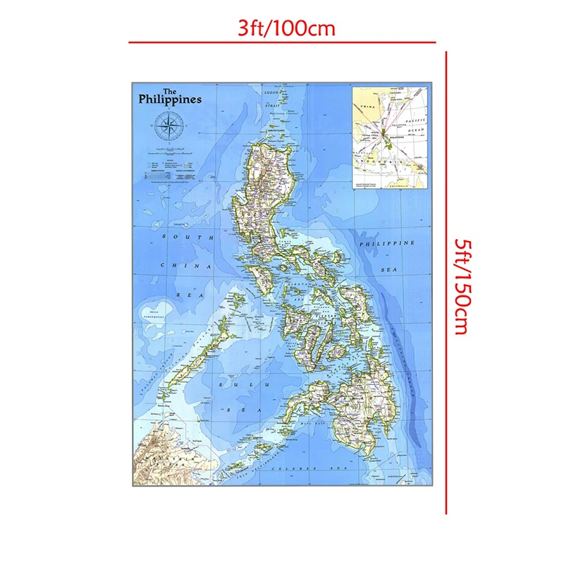 フィリピンの世界地図100x150cm,不織布の紙の絵,家の装飾,世界地図の壁のポスター,学生学校の事務用品,1986