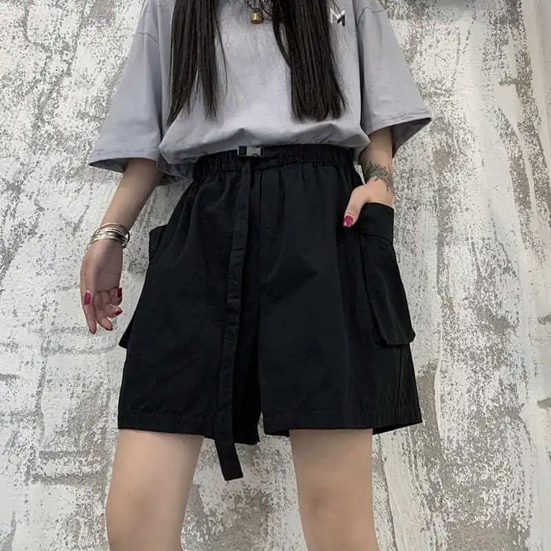 Casual Shorts Women Couples Cargo Side Pockets Techwear Tactical Summer Trousers Unisex Belts BF Solid Wide Leg Pantalones Ins