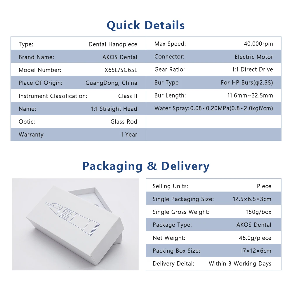 Micro motor 1:1 X65L inner water spray fiber optic led straight surgical handpiece with low speed dental bur