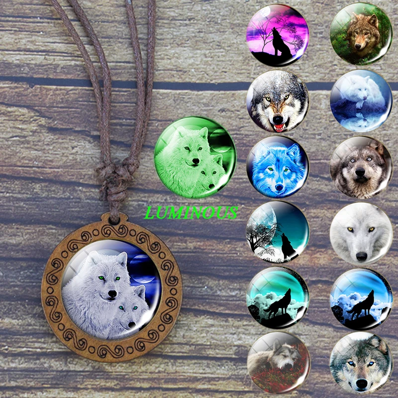 Howling Wolf and Moon Wooden Pendant Rope Chain White Wolf Necklace Wolf Head Glow In The Dark Jewelry Gift for Male and Female