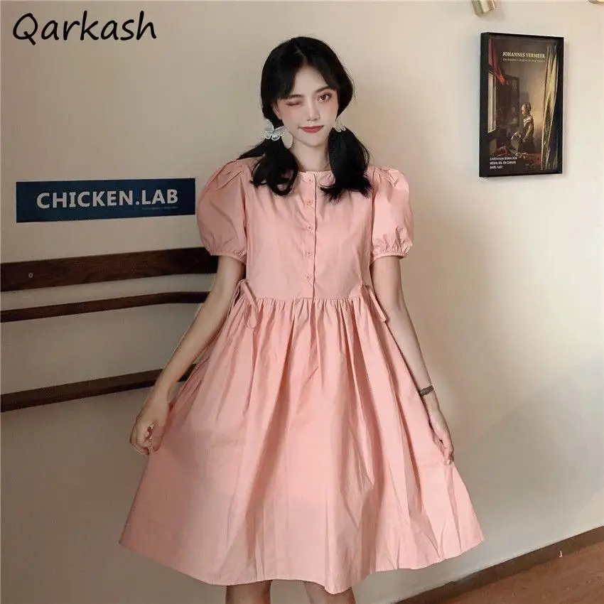 

Dress Women Fashion Kawaii Female Vestidos Summer Party Chic Birthday Cute French Style Short Sleeve O-Neck Leisure Preppy Solid