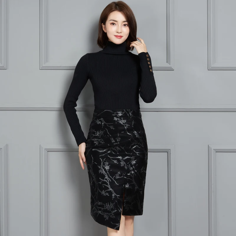 Women Elegant Prints Genuine Leather Skirts Brand High Waist Wrap Skirts Autumn Winter Irregular Knee-Length Skirt