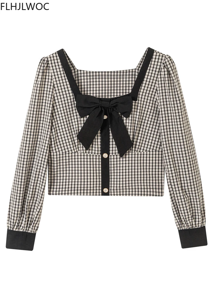 Cute Sweet Bow Tie Tops Square Neck Retro Vintage Plaid Shirts 2021 Women Autumn Basic Wear Chic Japan Style Clothes