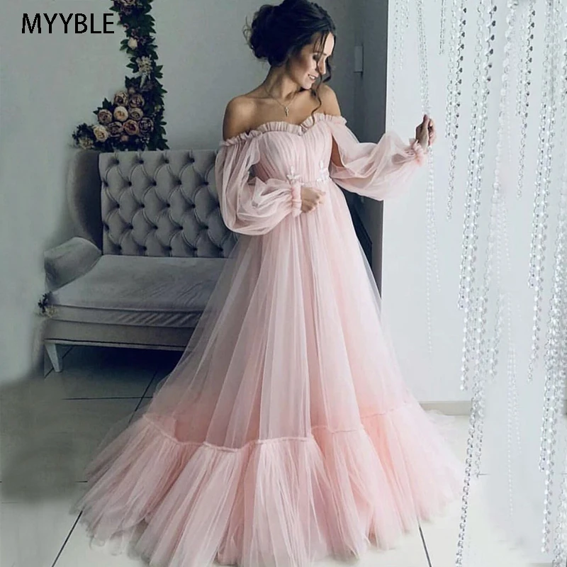 MYYBLE Đen Phối Hồng Voan Dạ Hội 2020 Chữ A Tay Dài Sweetheart-Cổ Đồ Dạ Hội Cho Người Phụ Nữ Mang Thai