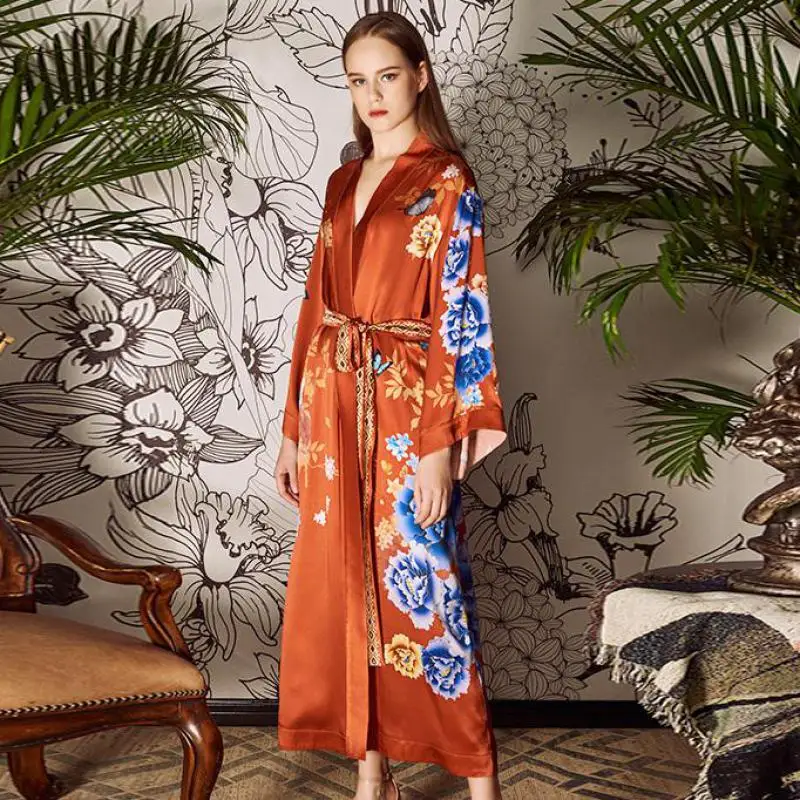 100% Silk Robe Printed Floral Vintage Female Kimono Bath Gown Long Sexy Loose Sleepwear Bathrobe With Belt Casual Home Dressing