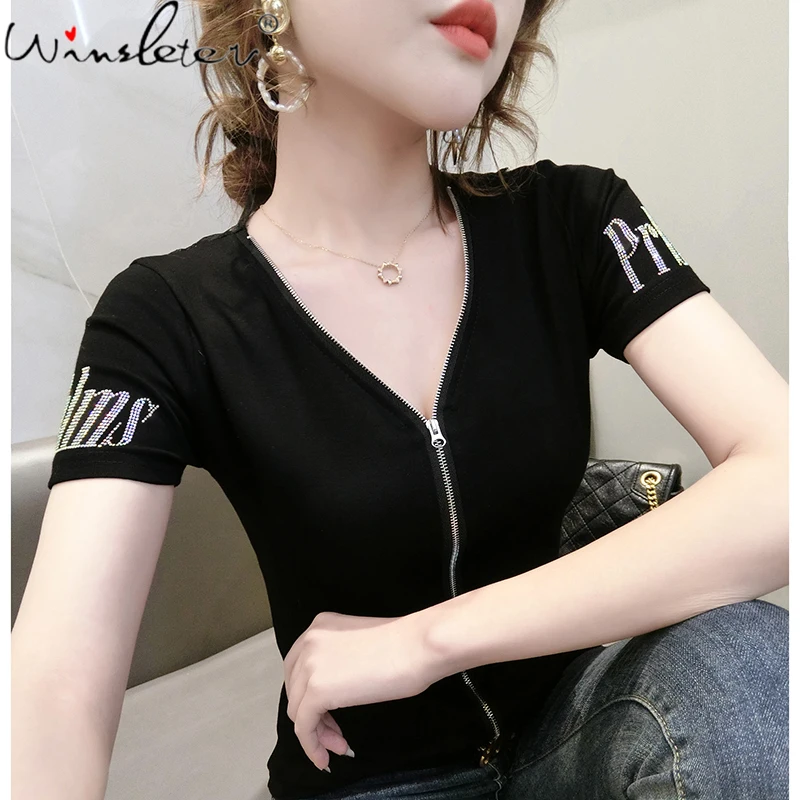 MadBlack Summer Korean Style T-Shirt Fashion Sexy V-Neck Zipper Women Tops Short Sleeve Shiny Diamonds Slim Tees 2022 T12903A