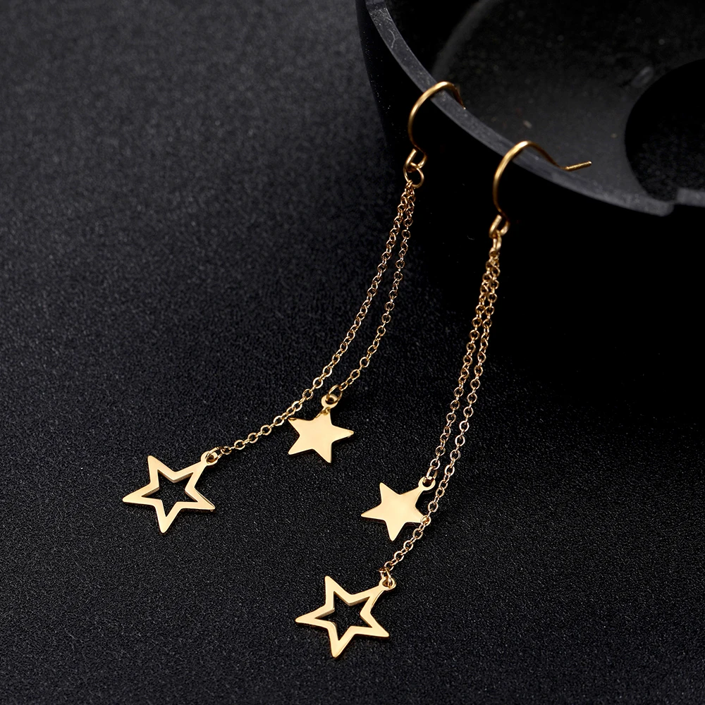Star Moon Pendant Tassel Hanging Earrings Stainless Steel Pendant Girl Earhooks Fashion Elegant Jewelry Birthday Gift