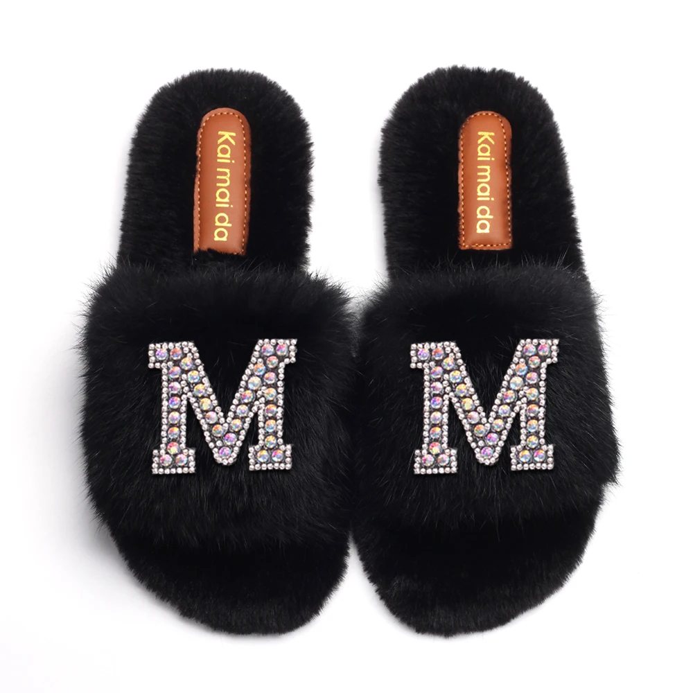 Letter Faux Fur Slippers Women Luxury Rhinestone Sandals Slides Flip Flops Designer Customized Personalized Gift Custom Name