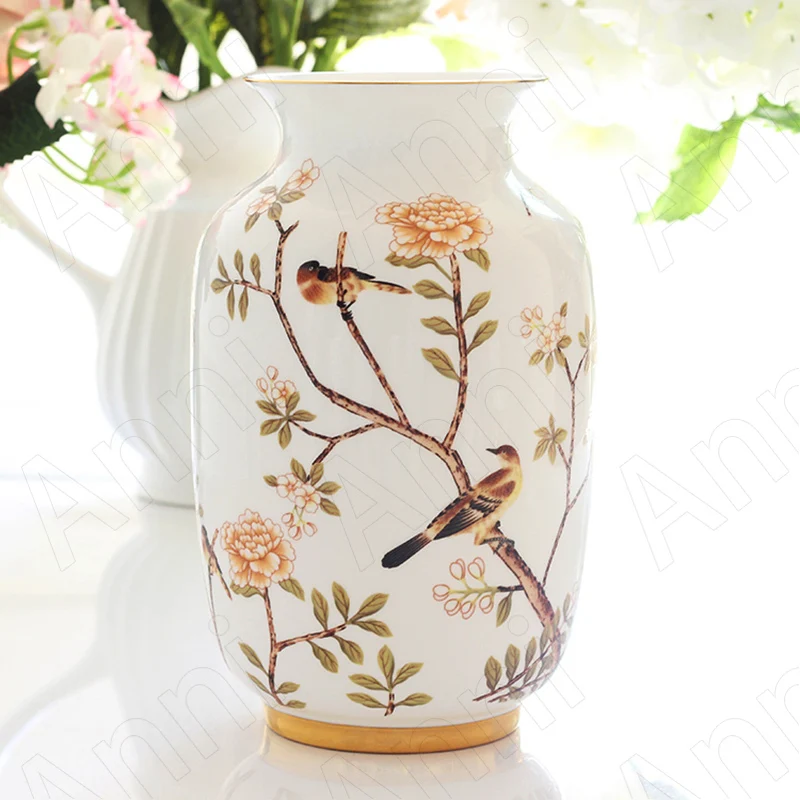 

European Bone China Vase Manual Art Little Bird Decor Flower Vases European Art Living Room TV Cabinet Dried Flowers Organizer